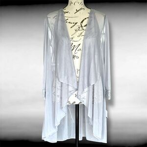 Women's 6 R&M Richards Sheer Silver Lace Cuff Asymmetrical Jacket Cardigan NWT